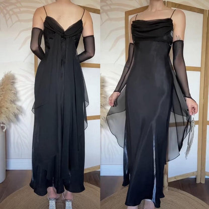 Silky black chiffon detail prom dress uk 14