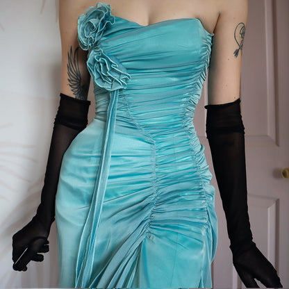 Blue strapless lace up evening midi dress UK 8-10