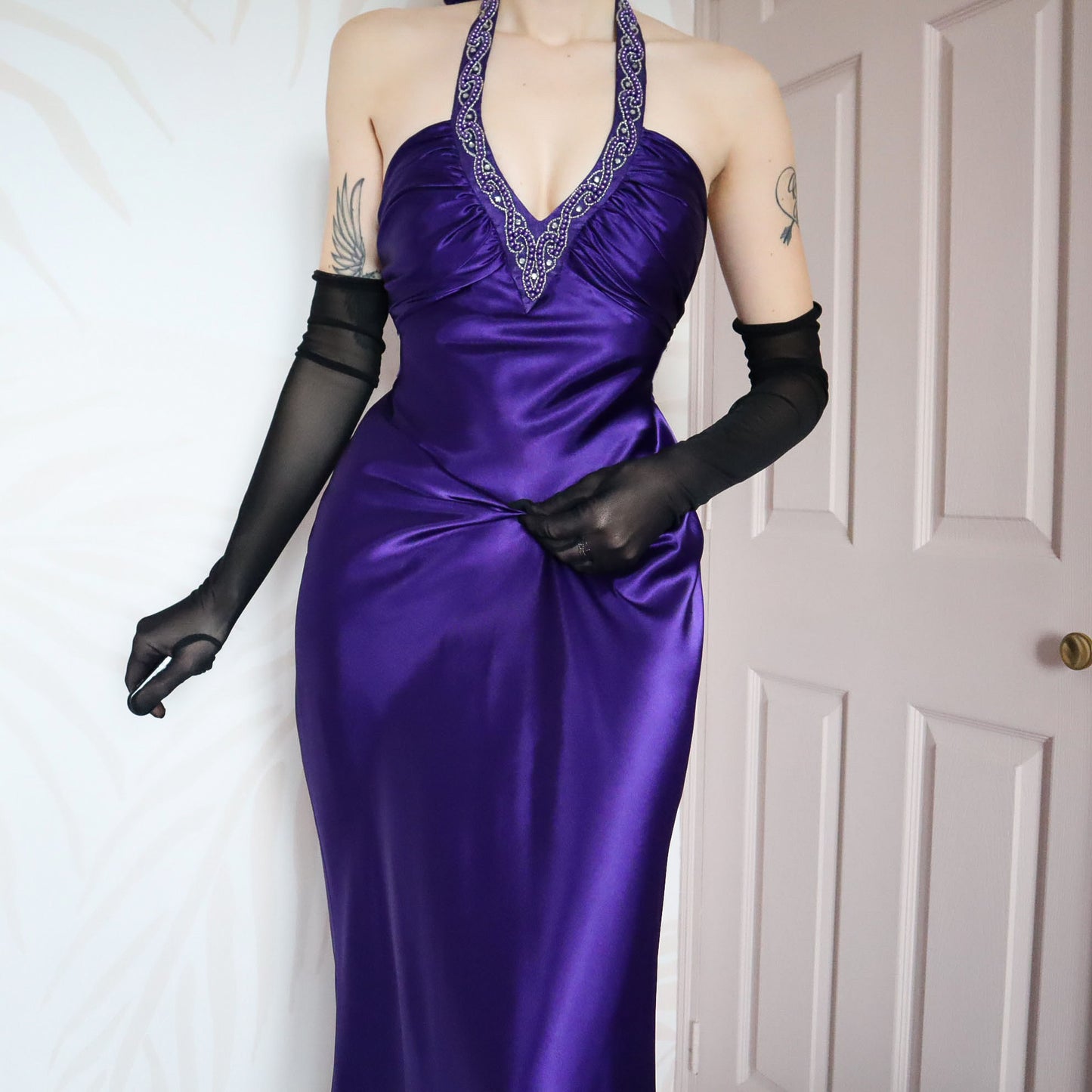 Purple satin halter neck evening gown UK 10