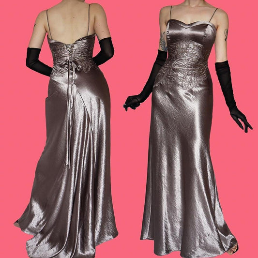 Shimmery Niki Livas silver evening gown UK 10