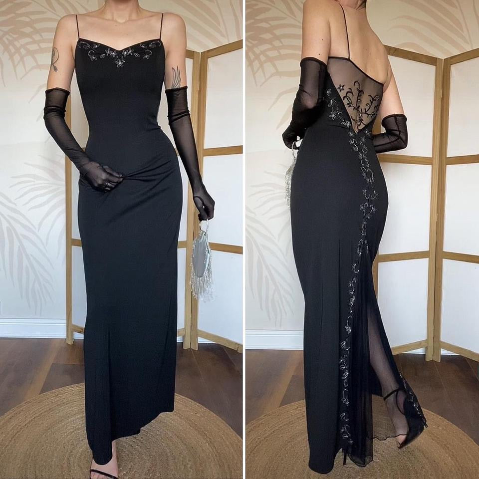 Black Vintage Dave & Johnny Floral embroidered Gown UK 12