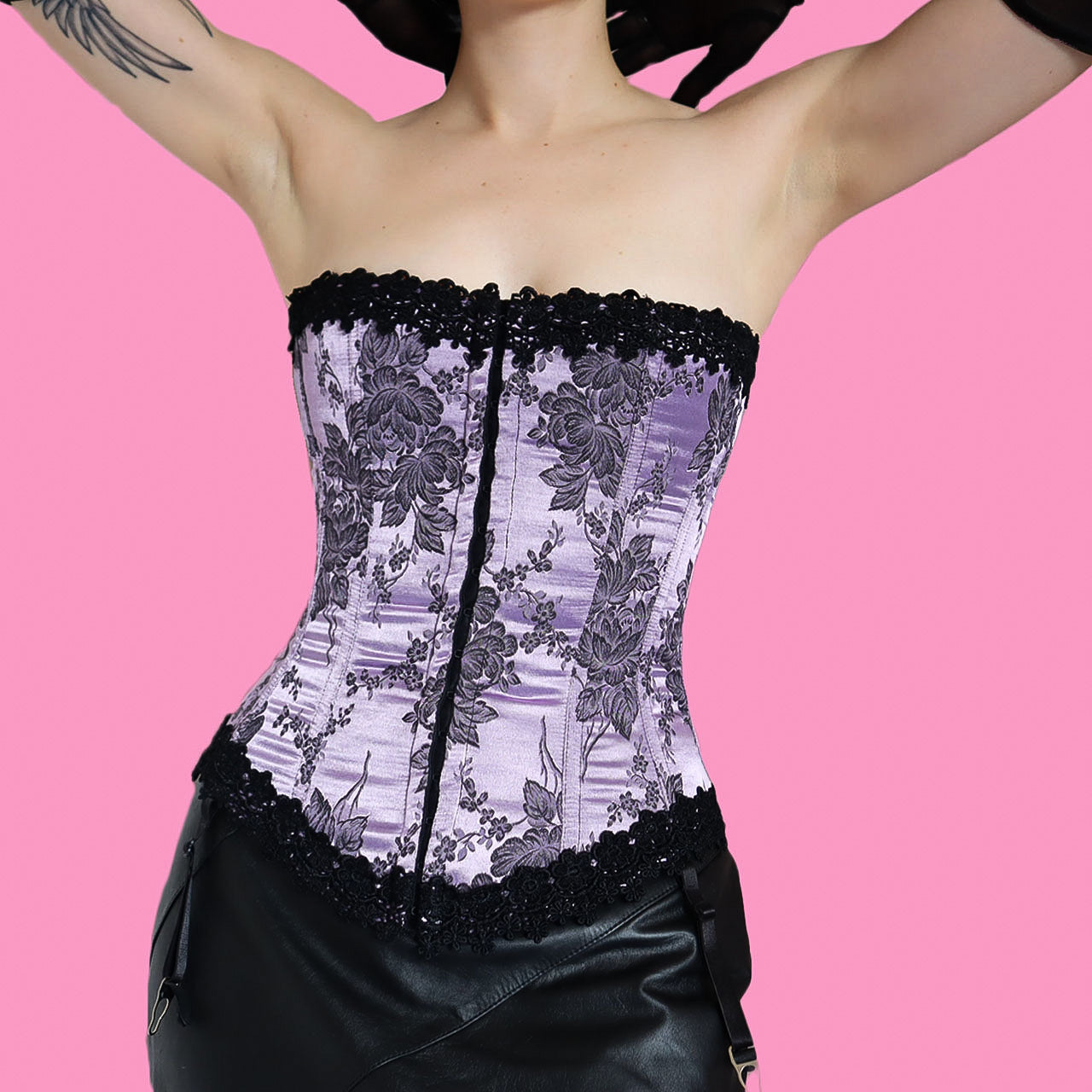 Lilac Shirley of Hollywood floral boned lace up corset UK 10