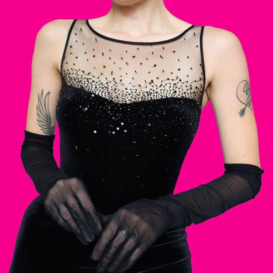 Black velvet beaded evening gown UK 10