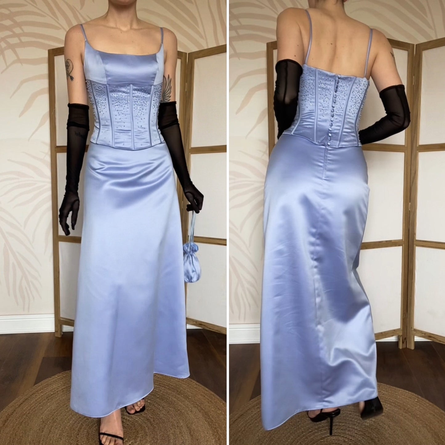 Hilary Morgan dusky blue evening dress & bag UK 10