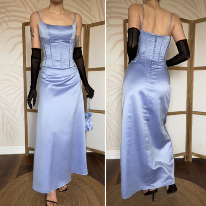 Hilary Morgan dusky blue evening dress & bag UK 10