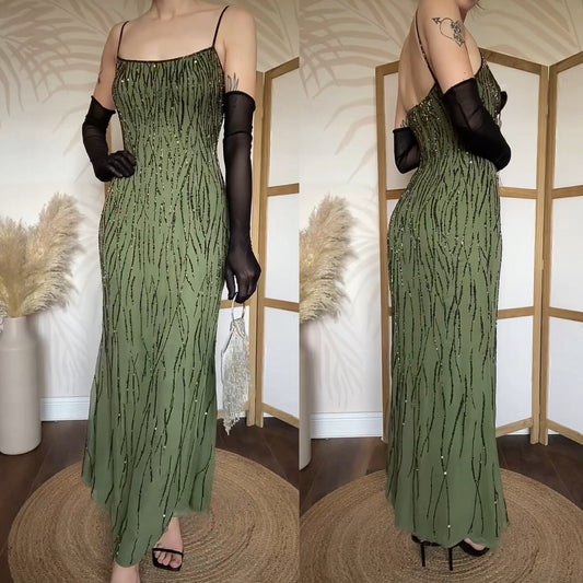 Green pure silk beaded evening dress uk 12