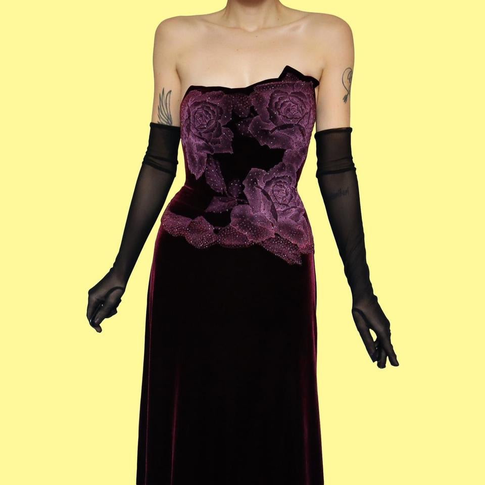 Tadashi burgundy velvet strapless gown UK 12-14