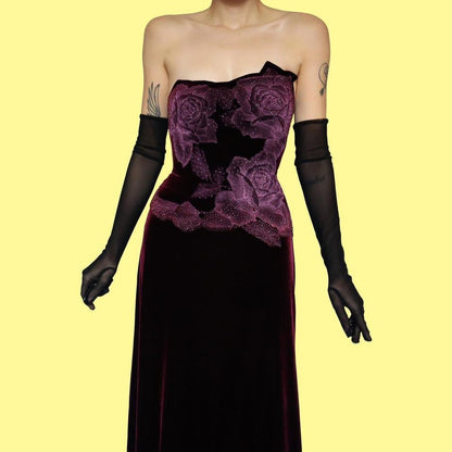 Tadashi burgundy velvet strapless gown UK 12-14