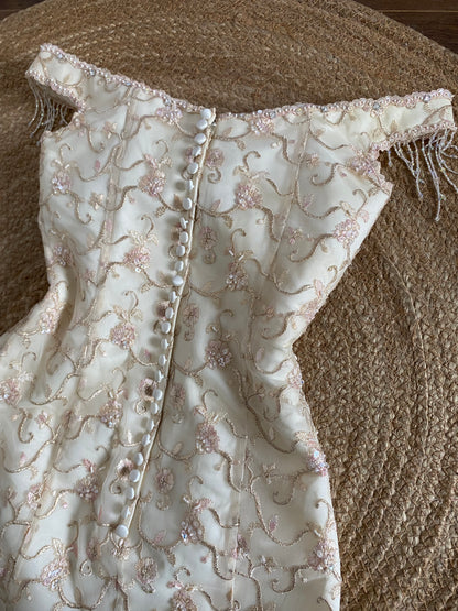 Justin Alexander cream off shoulder embroidered wedding dress uk 8