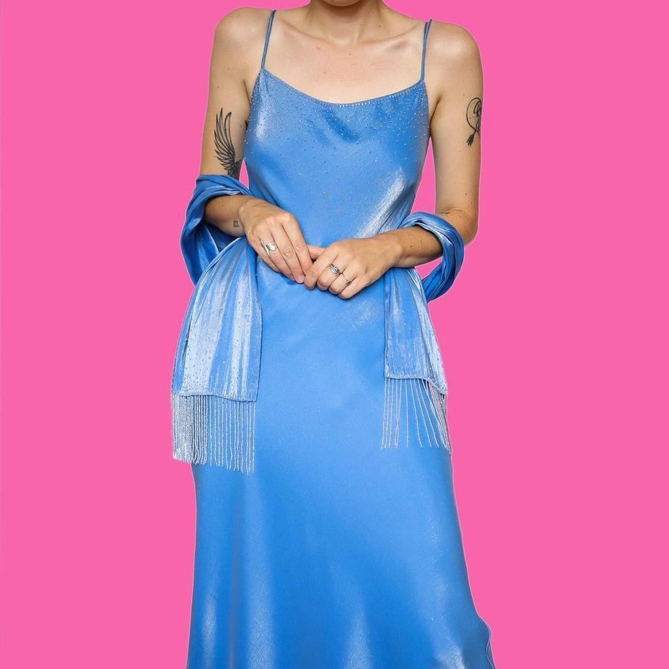 Silky blue beaded slip dress & shawl UK 12