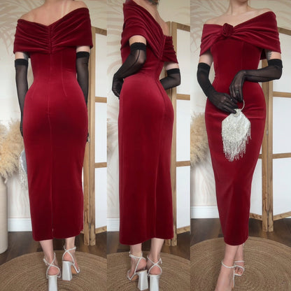 Red velvet petite off shoulder evening dress uk 8