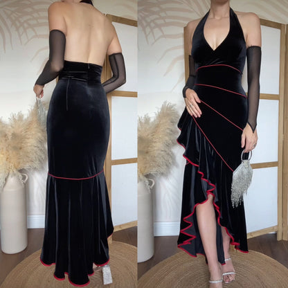 Vintage Niki Livas black velvet halter neck gown UK 14