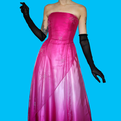 Pink satin ombré beaded strapless dress UK 12
