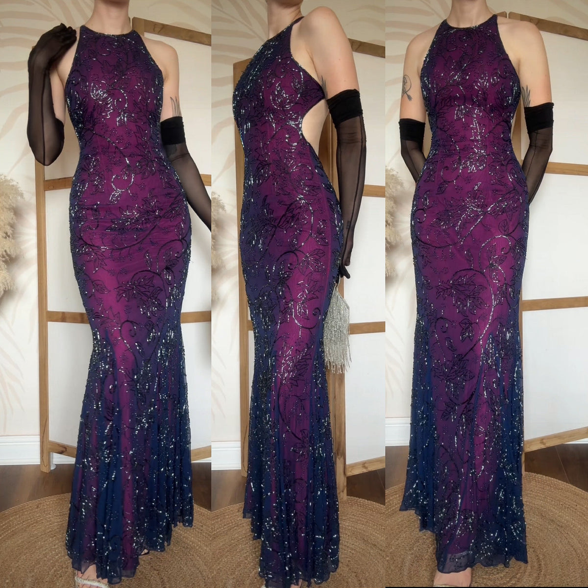 Purple 100% silk beaded evening dress uk 6