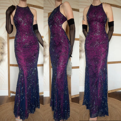 Purple 100% silk beaded evening dress uk 6