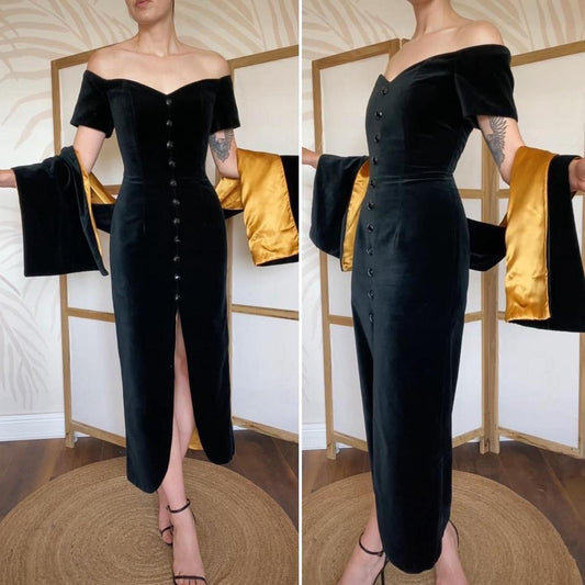 Debut cold shoulder black velvet evening dress & shawl uk 12
