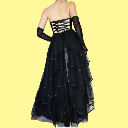 Black layered strapless evening gown UK 10