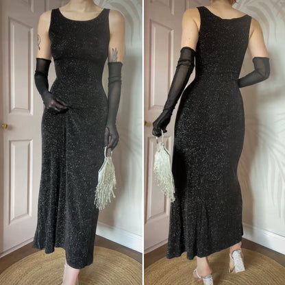 Black glittery stretch 90s evening dress UK 12