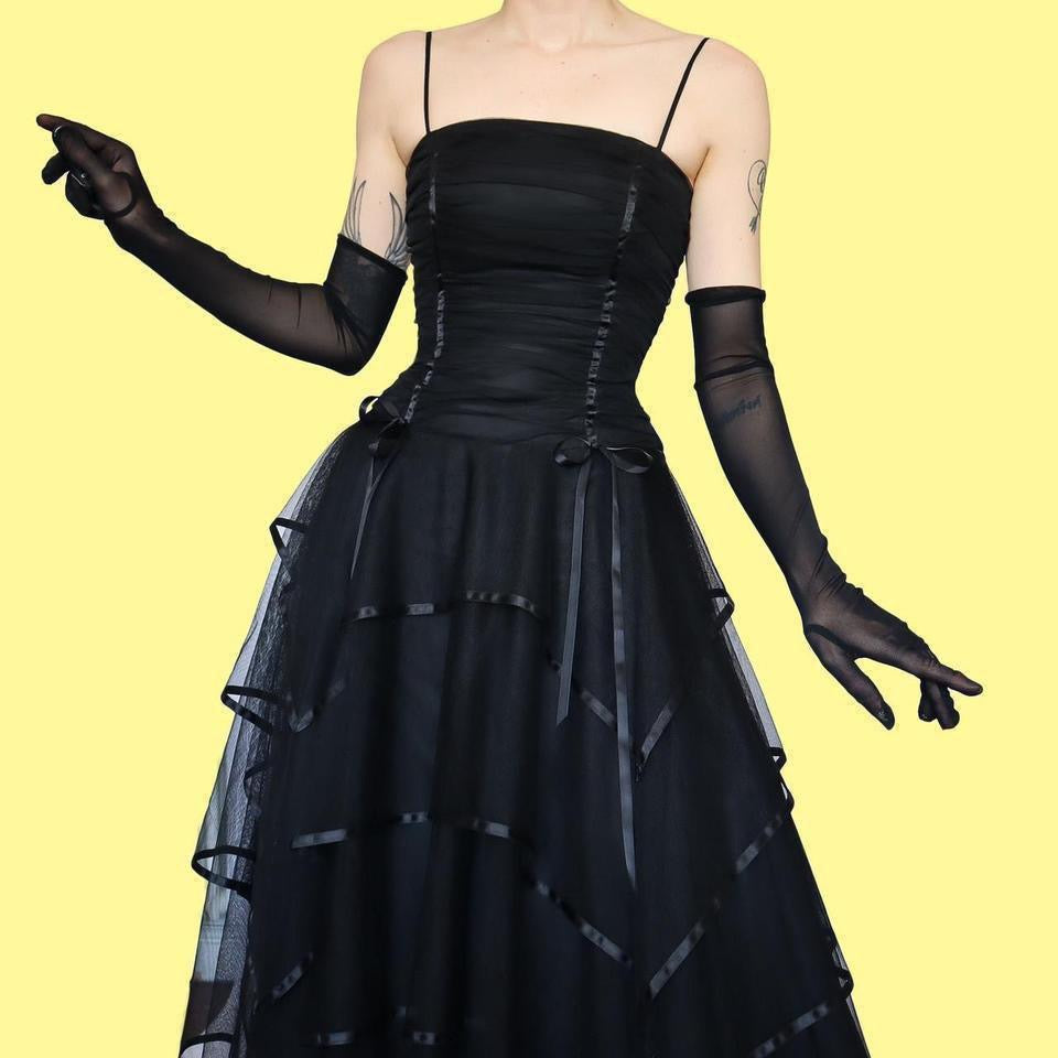 Blondie Nites black layered tulle lace back prom dress UK 12