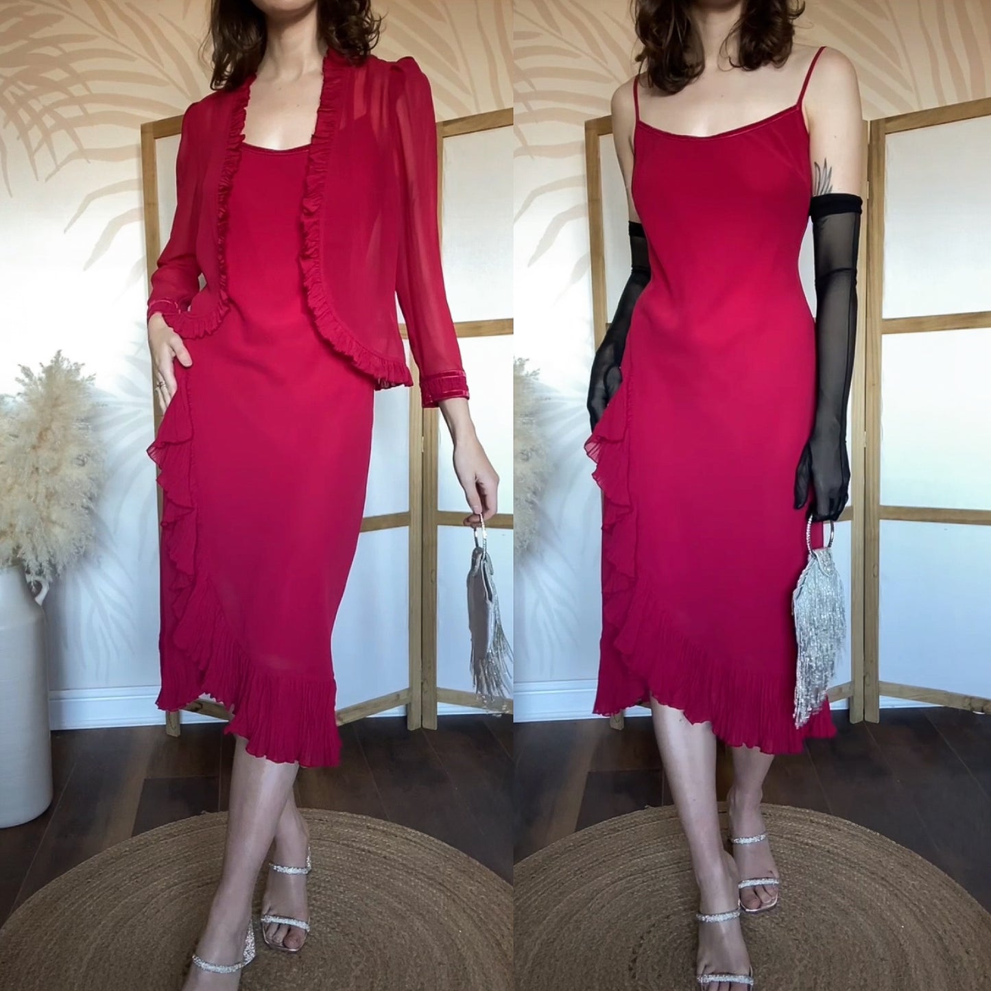 Debut red chiffon 2-piece dress & jacket uk 12