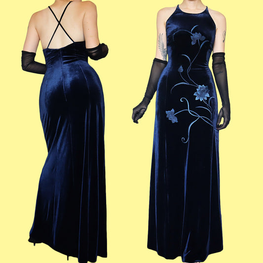 Vintage Gina Bacconi Blue Velvet evening Gown UK 14