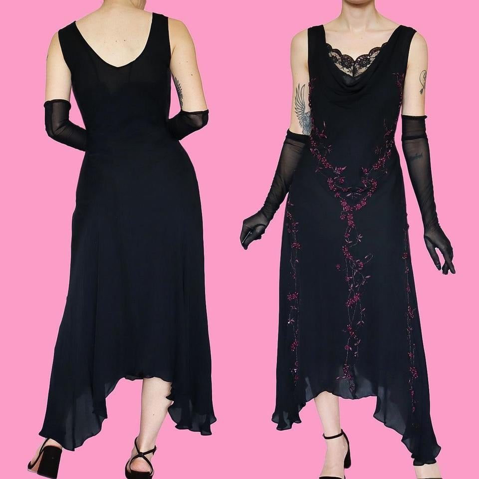 Black 100% silk floral detail midi dress UK 16