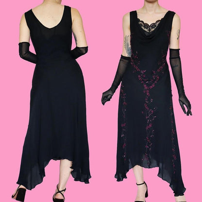 Black 100% silk floral detail midi dress UK 16