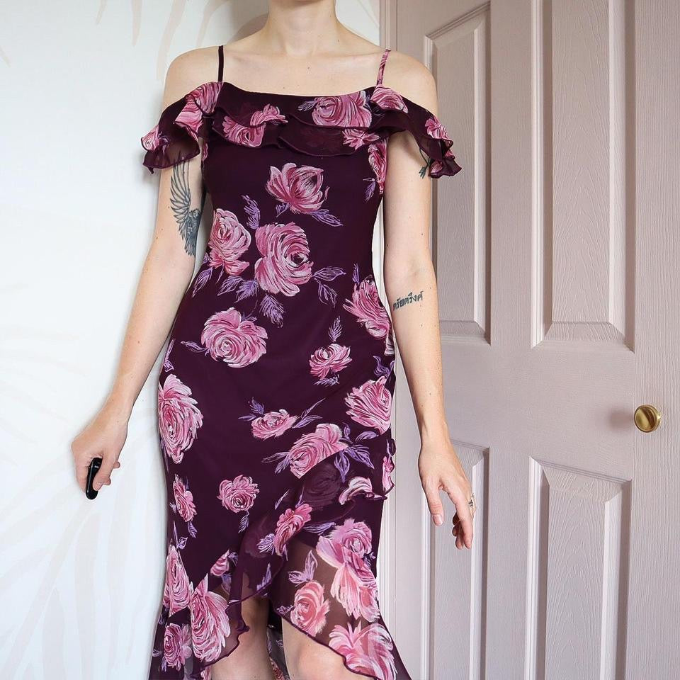 Purple Etam floral cold shoulder frilly summer dress UK 10