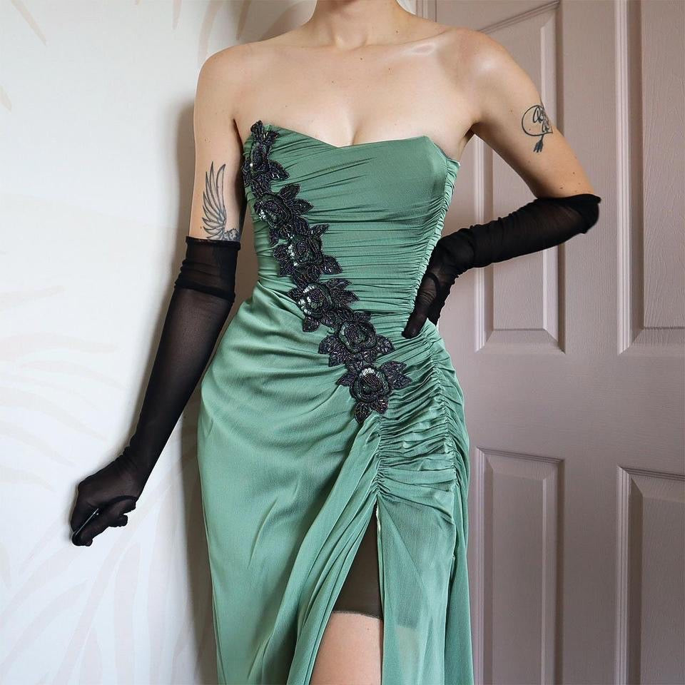 Green Charas Strapless Lace Up Midi Dress UK 10