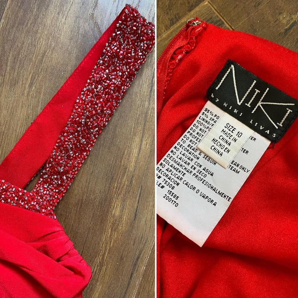 Niki Livas red stretch beaded evening dress UK 12
