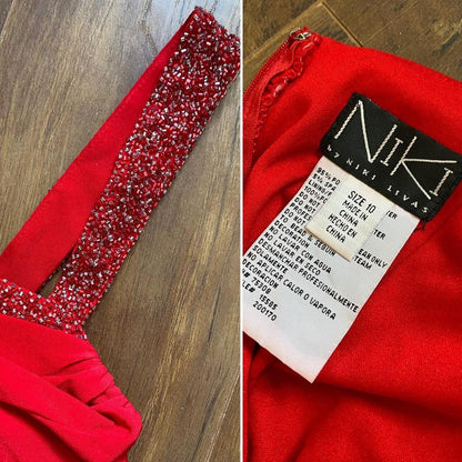 Niki Livas red stretch beaded evening dress UK 12