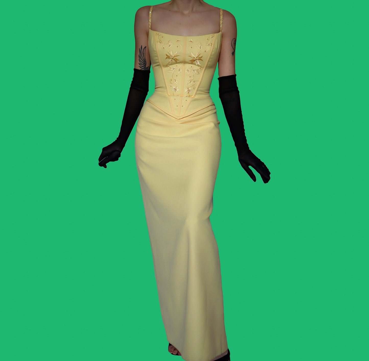 Hilary Morgan vintage yellow evening dress UK 14-16