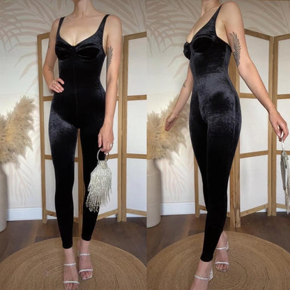Black velvet stretch bodycon jumpsuit uk 6/8