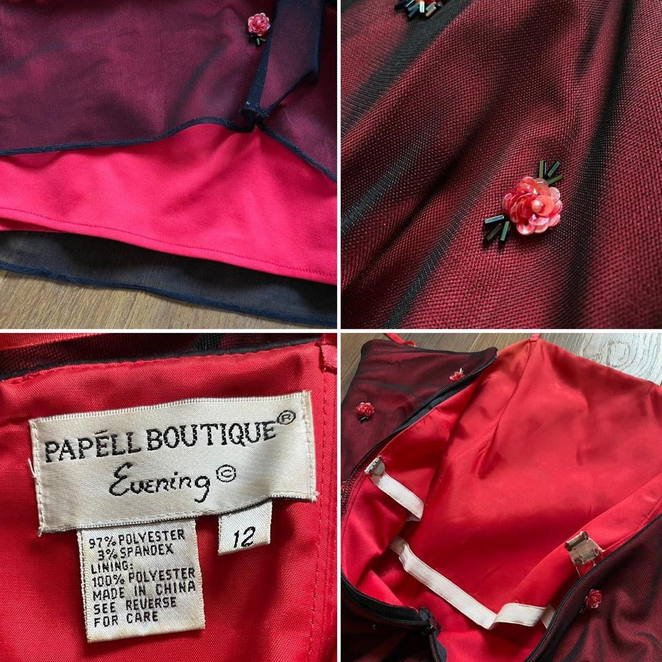 Papell Boutique red stretch floral evening dress uk 12-14
