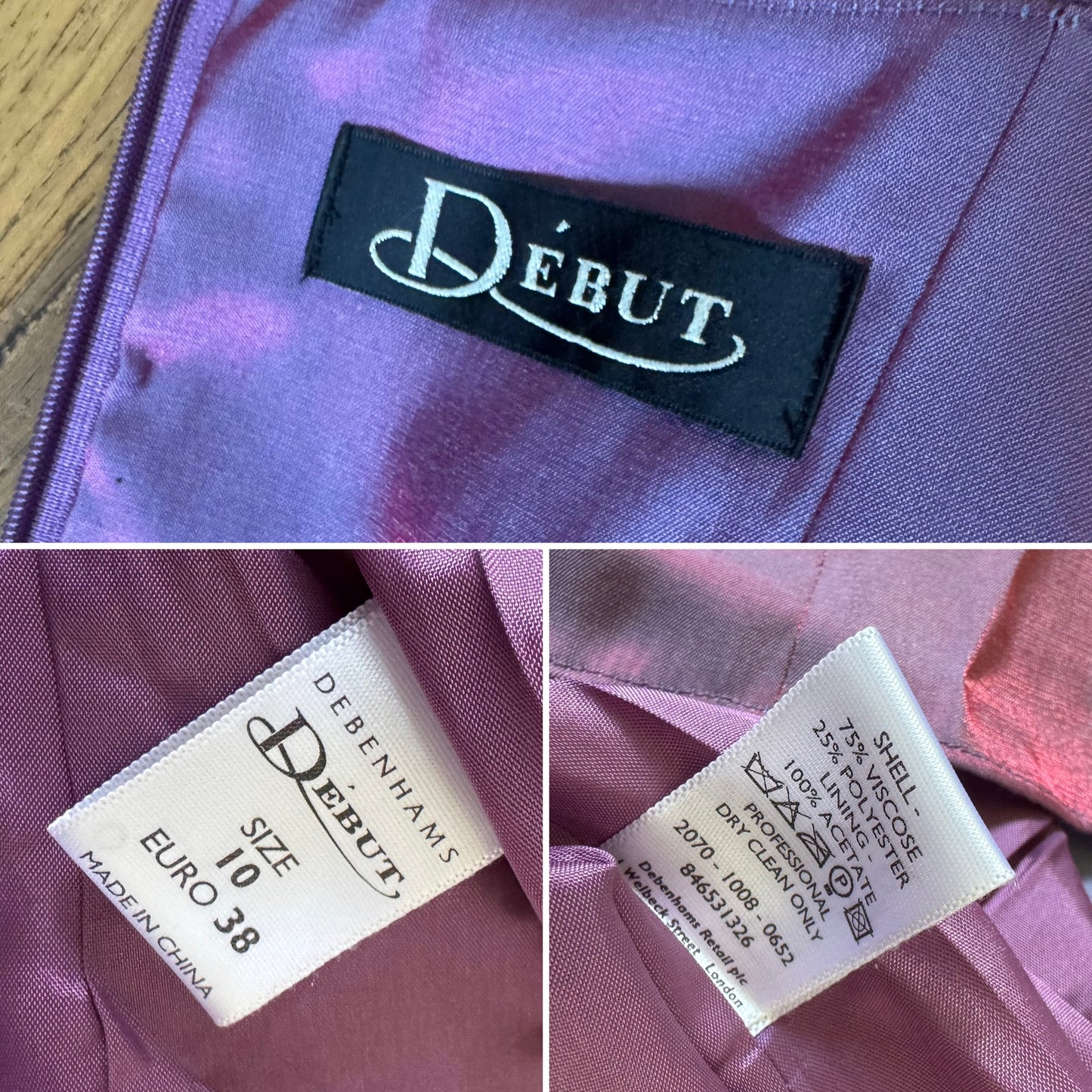 Debut purple iridescent evening dress & shawl uk 12