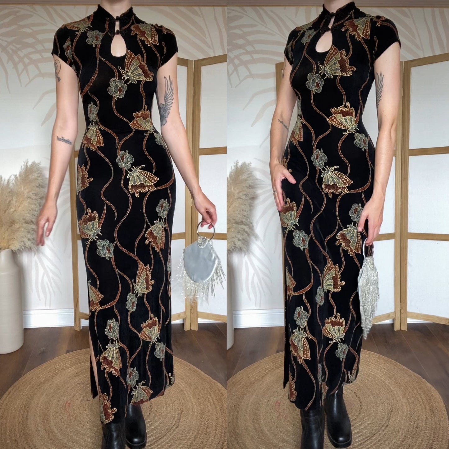 Black stretch butterfly print evening dress uk 12