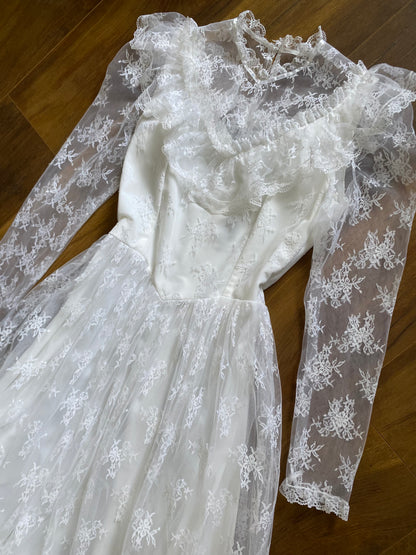 White lace long sleeve 70s wedding dress uk 10