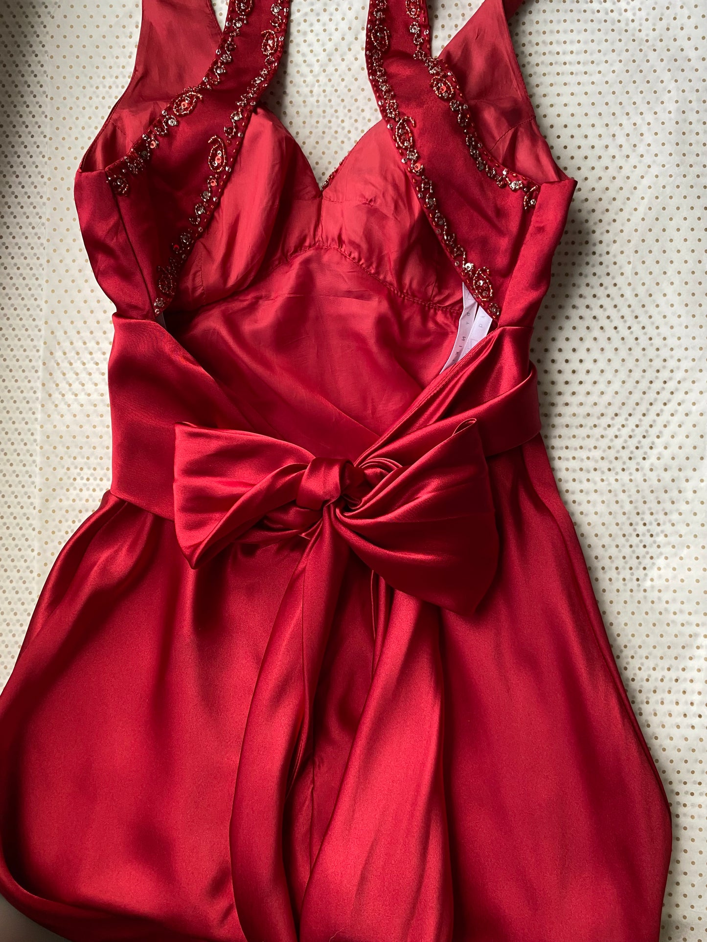 Niki Livas red satin evening dress UK 10