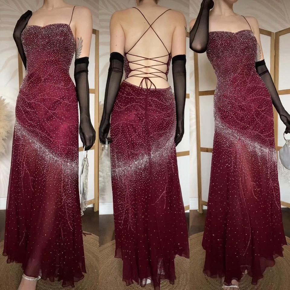 Burgundy vintage 100% silk beaded evening dress uk 14