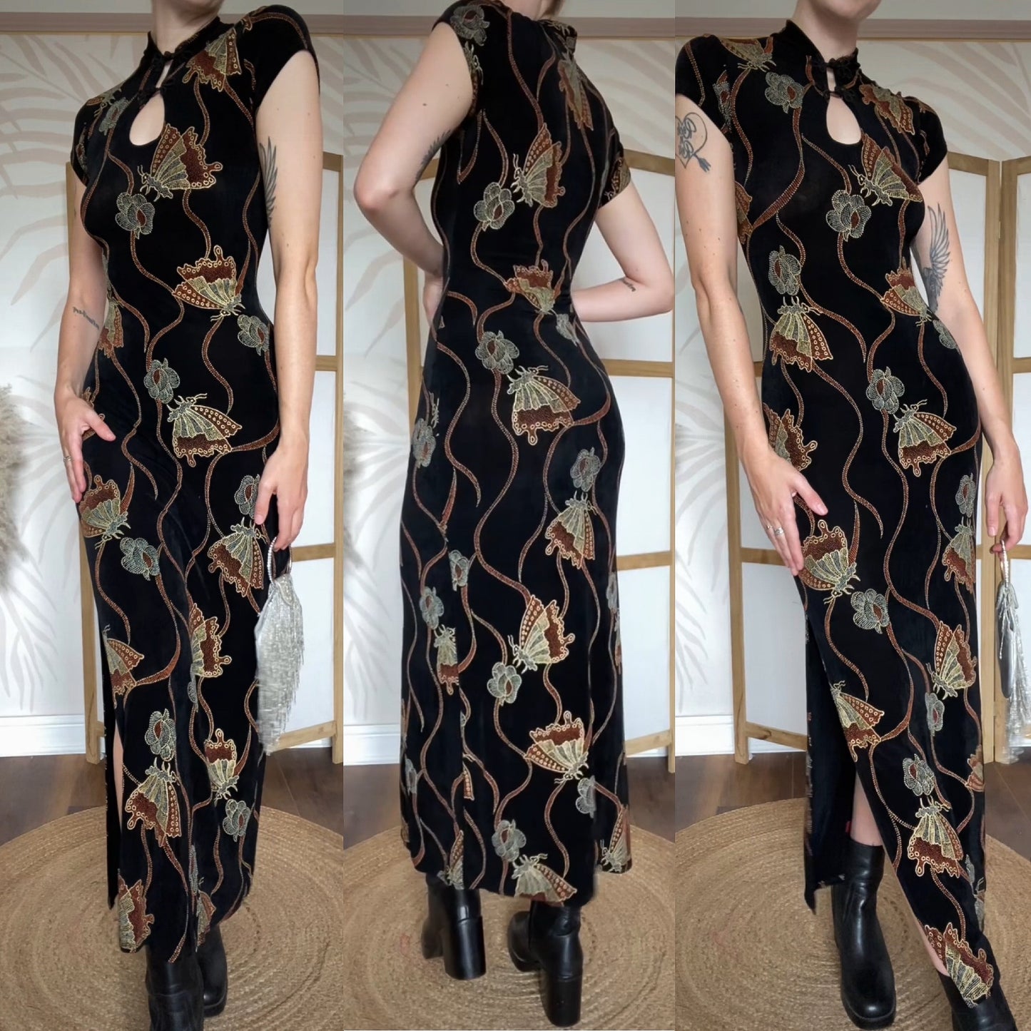 Black stretch butterfly print evening dress uk 12