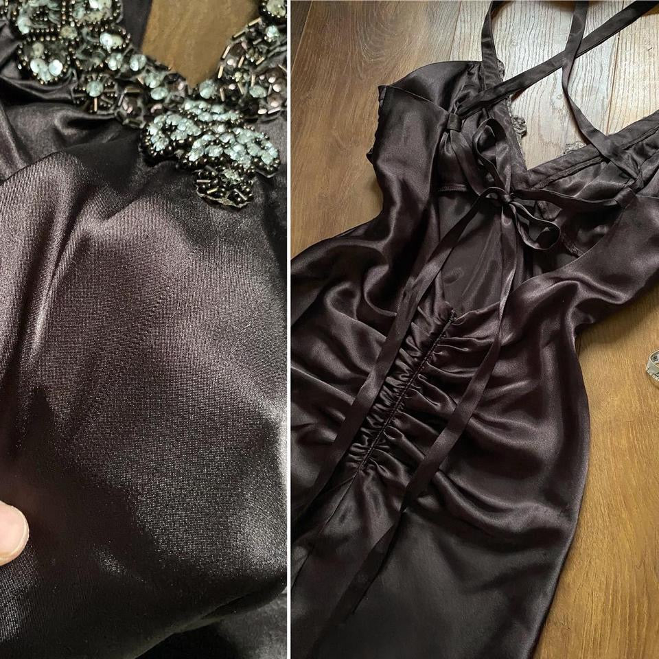 Niki Livas brown satin evening dress uk 10