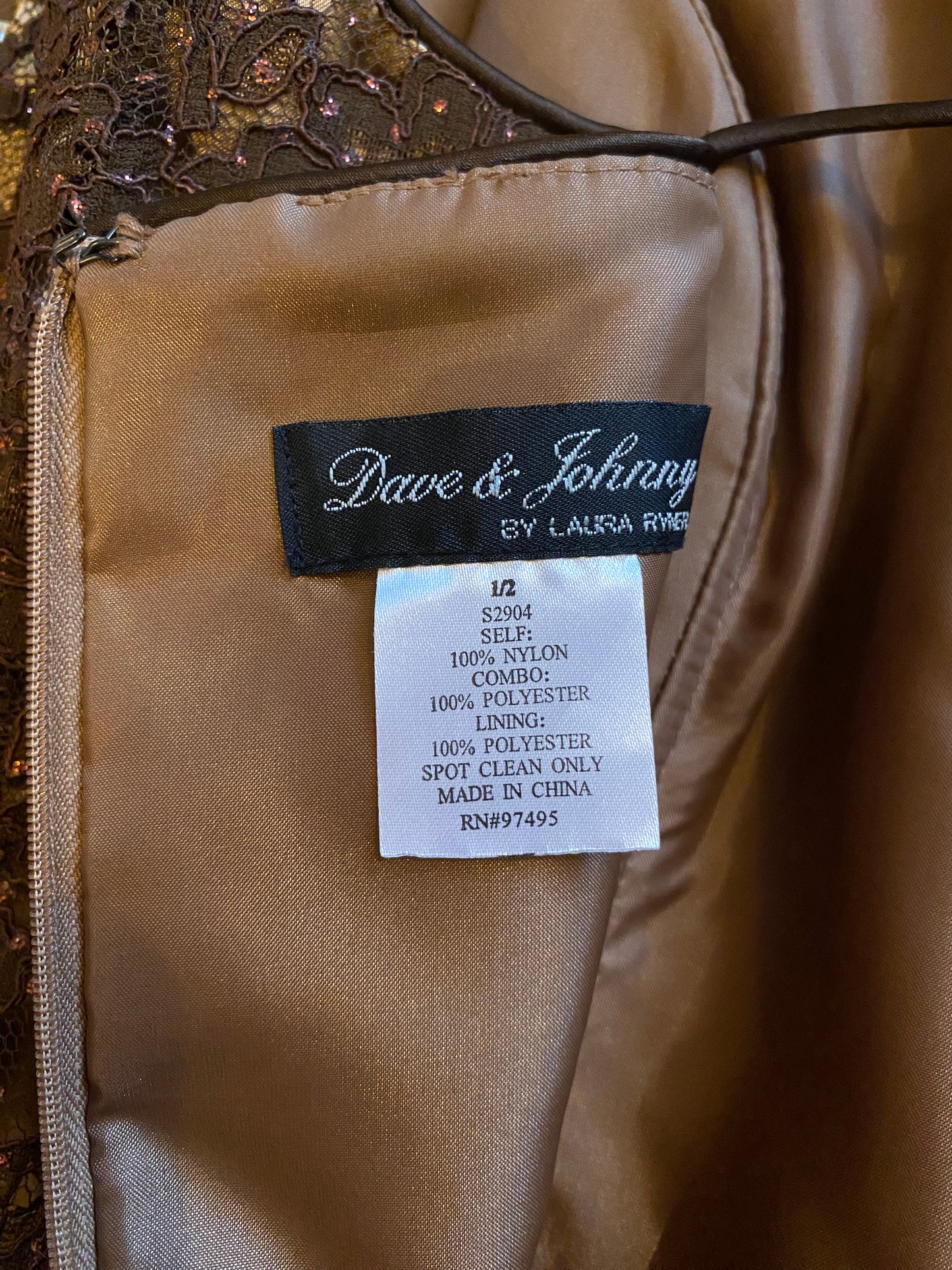 Dave & Johnny brown lace glittery evening gown UK 6