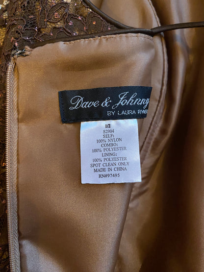 Dave & Johnny brown lace glittery evening gown UK 6