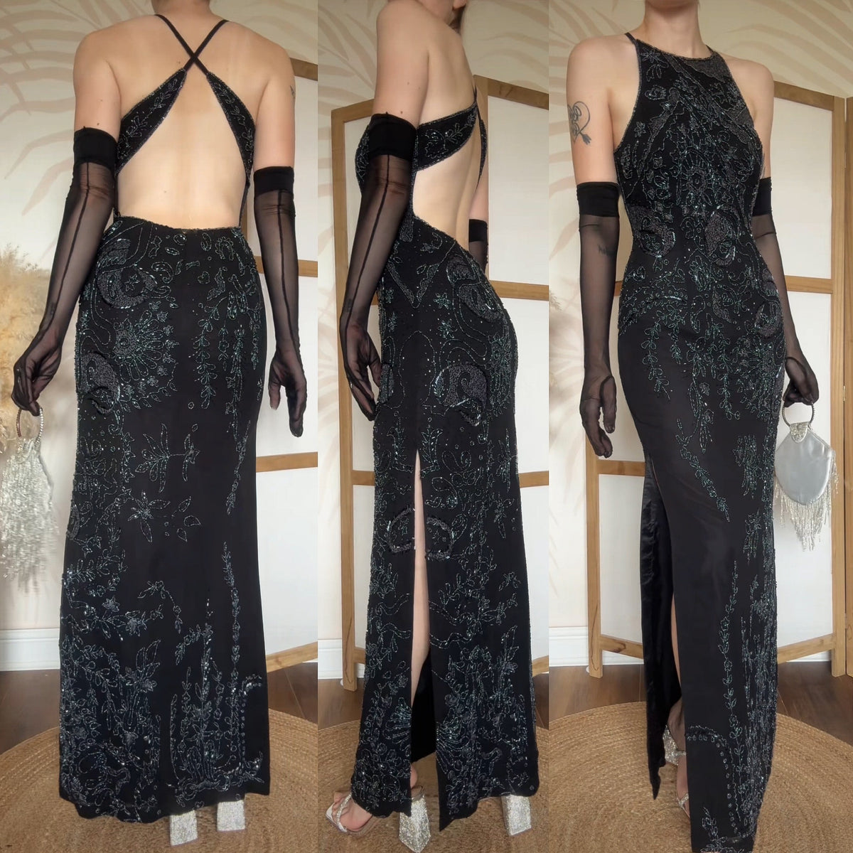 Black beaded open back evening dress uk 10