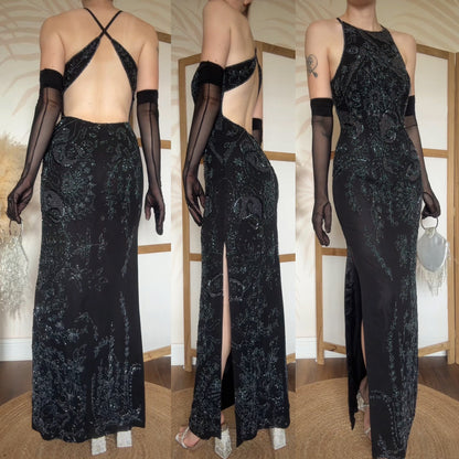 Black beaded open back evening dress uk 10