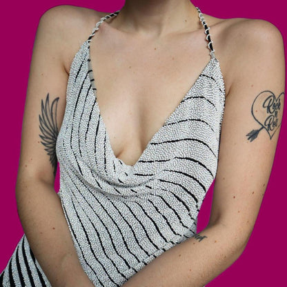 Yve London 100% silk black/white beaded evening dress UK 12