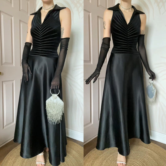 Black Bernshaw a-line collared velvet evening dress UK 8