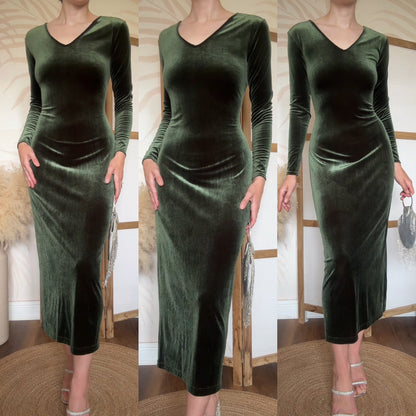 Green velvet stretch long sleeve dress uk 12