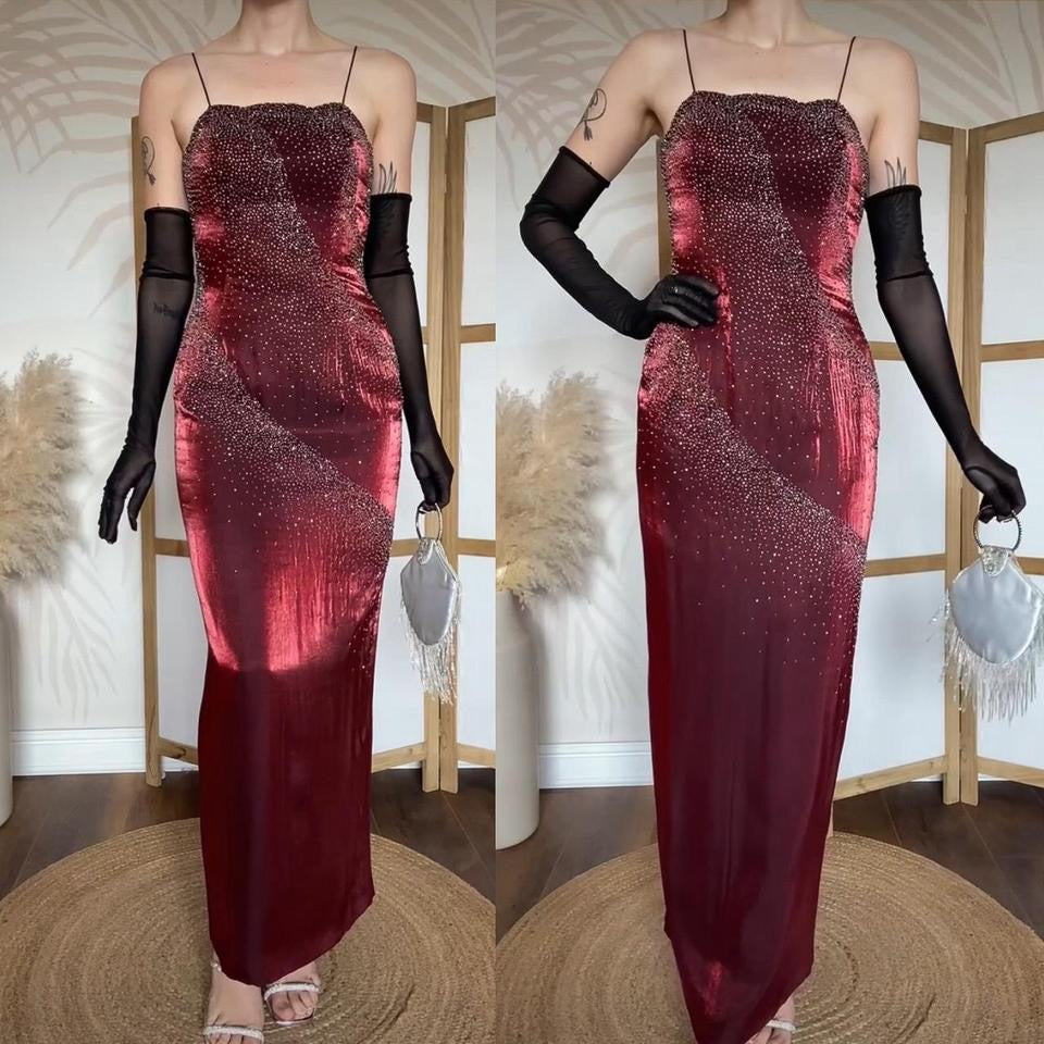Yve London red shimmery beaded evening dress uk 8-10