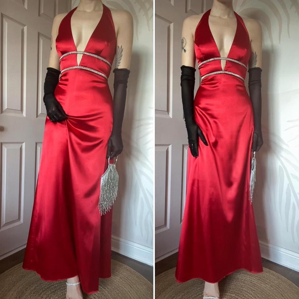 Red halter-neck diamanté evening gown UK 10-12